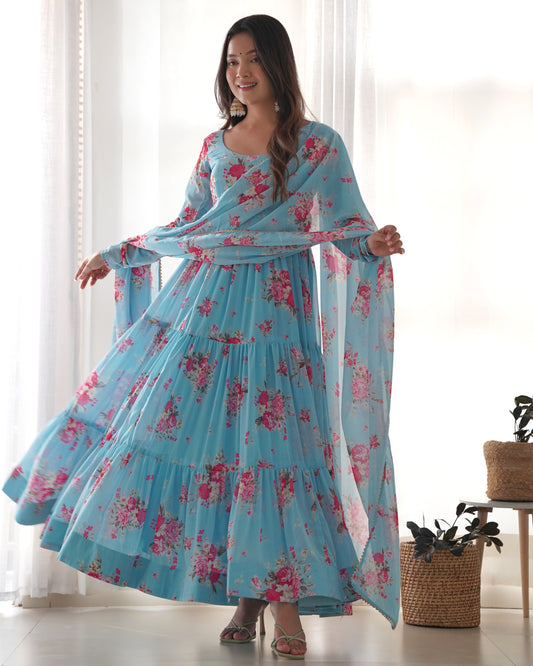 Women's Sky Blue Color Floral Printed Long Anarkali Suit