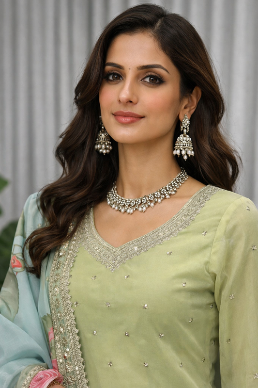 Pista Green Color Heavy Work Wear Sharara Suit For Wedding
