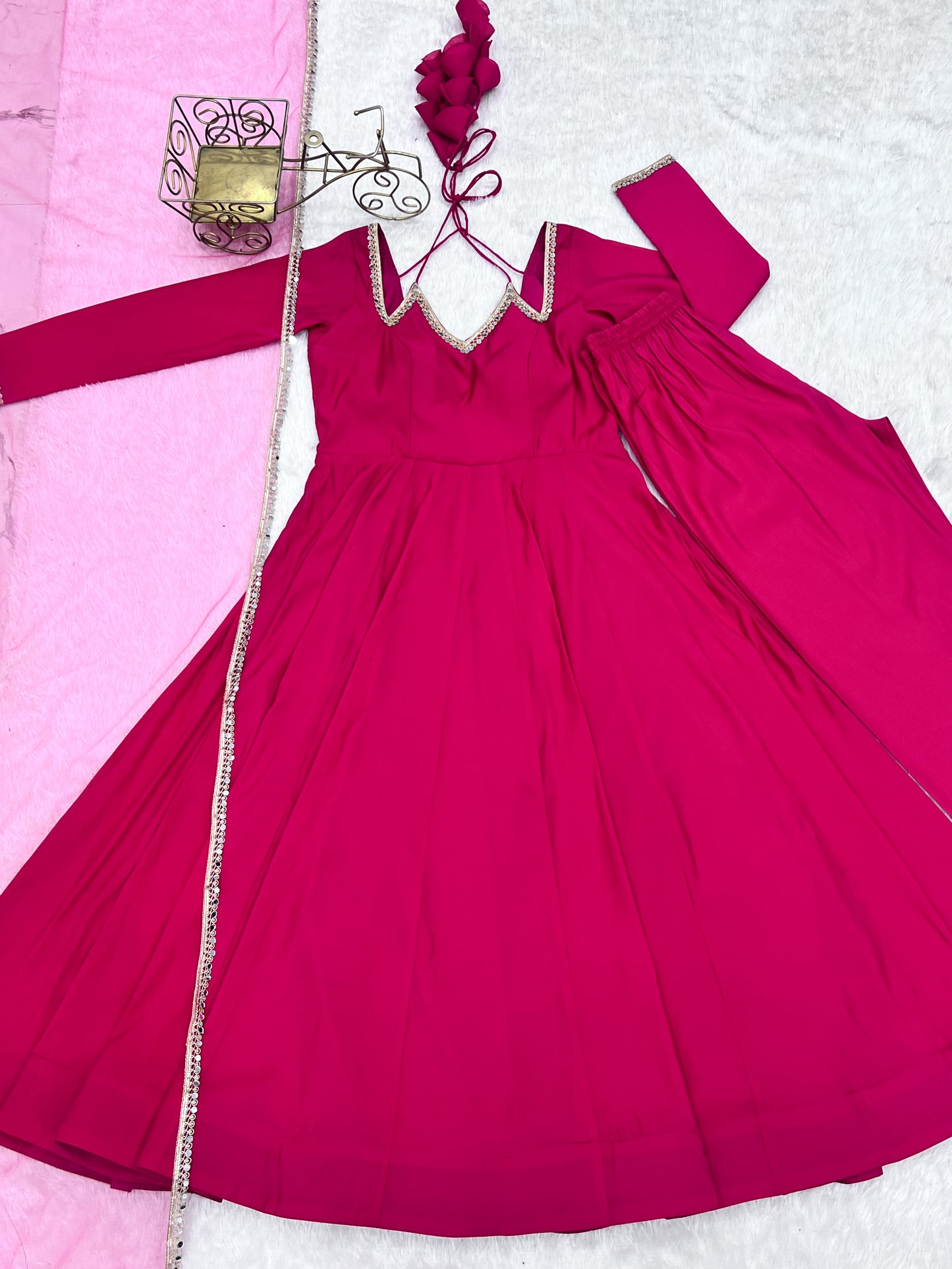 Pink Color Chanderi Silk Wear Three Piece Anarkali Suit For Festive