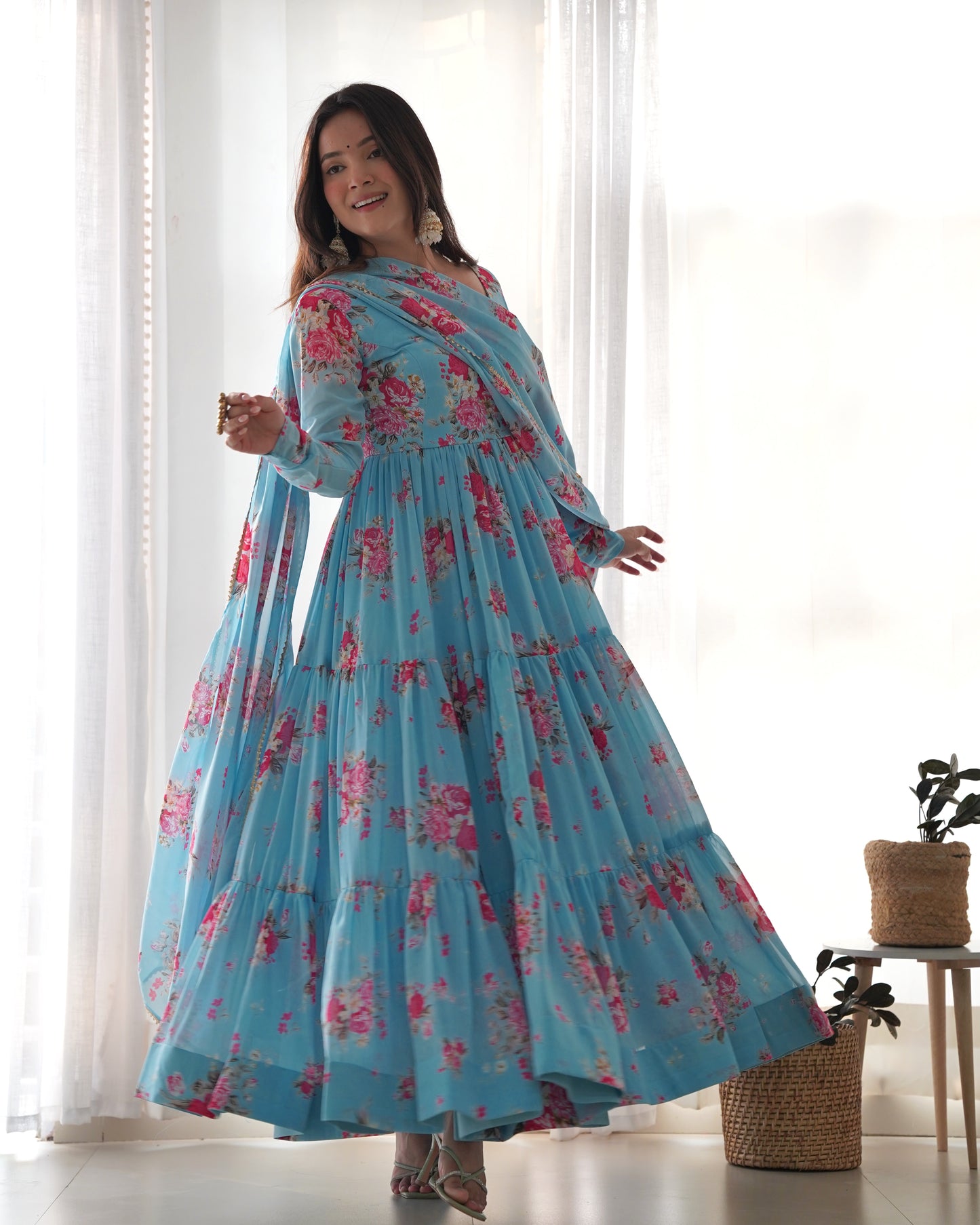 Women's Sky Blue Color Floral Printed Long Anarkali Suit