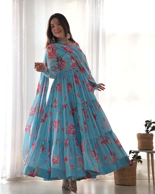 Women's Sky Blue Color Floral Printed Long Anarkali Suit