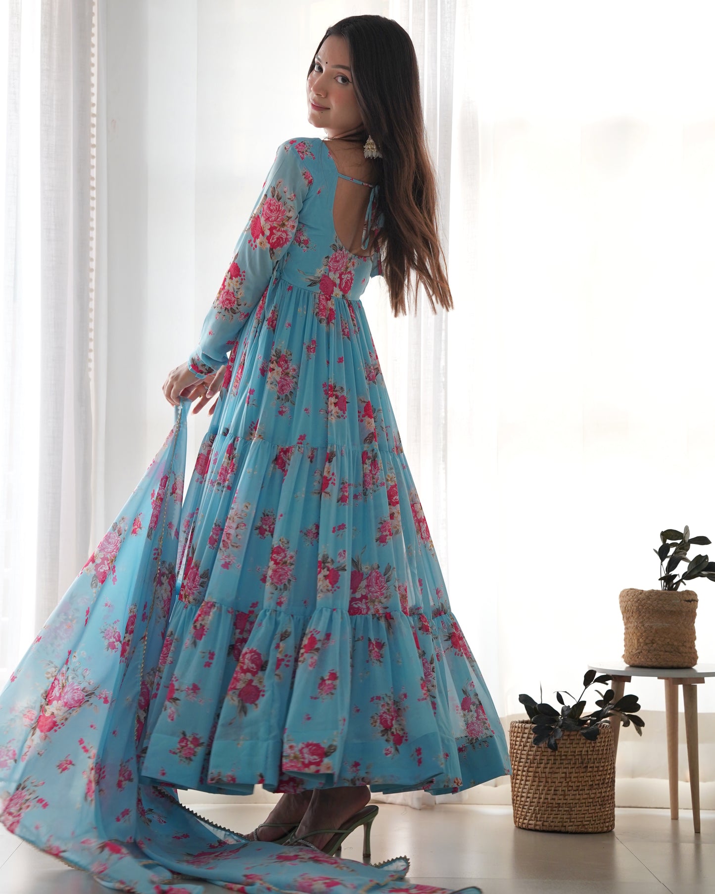 Women's Sky Blue Color Floral Printed Long Anarkali Suit