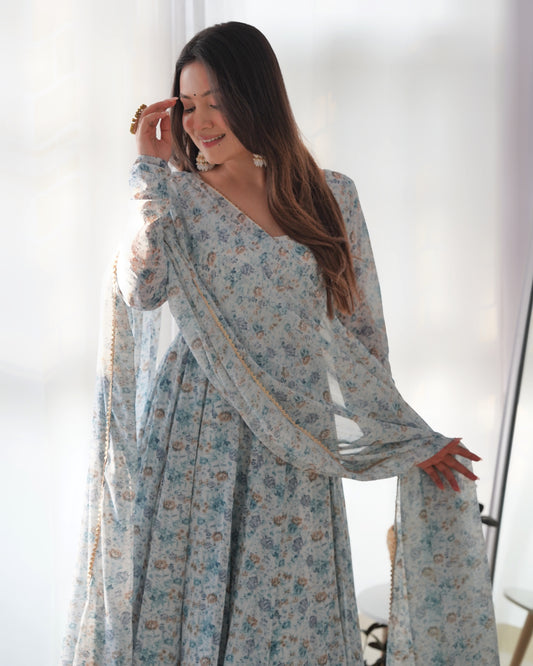 Sky Blue Color Floral Printed Anarkali Suit