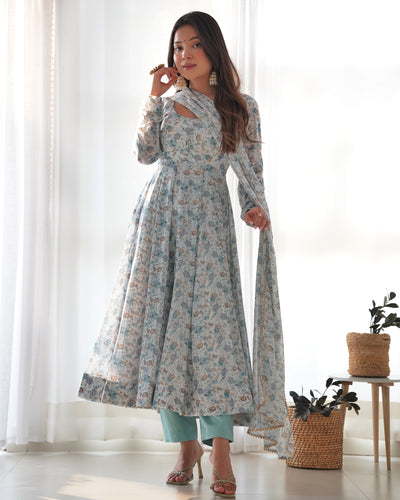 Sky Blue Color Floral Printed Anarkali Suit
