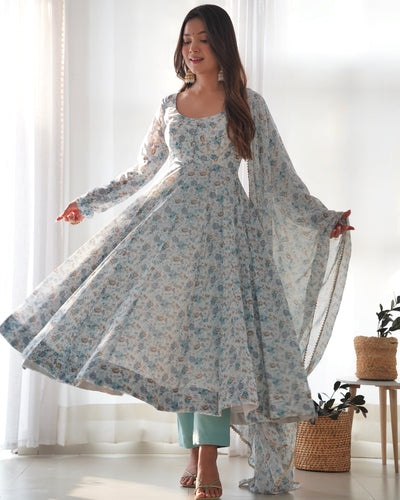 Sky Blue Color Floral Printed Anarkali Suit