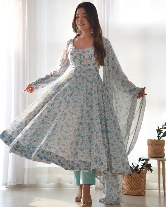 Sky Blue Color Floral Printed Anarkali Suit
