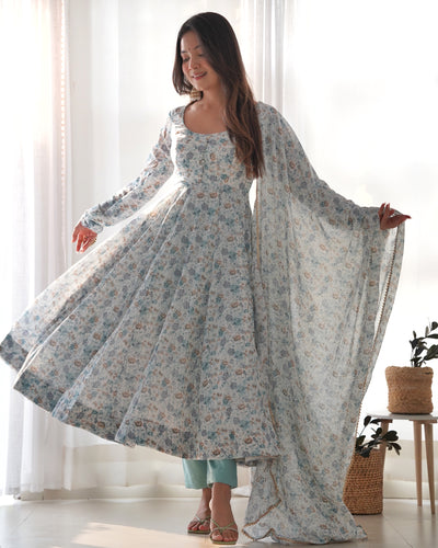 Sky Blue Color Floral Printed Anarkali Suit
