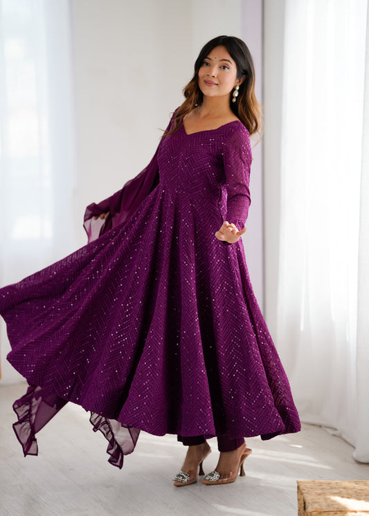 Purple Color Embroidery Work Anarkali Suit For Women