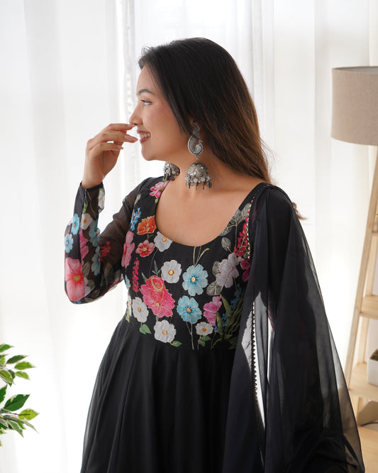 Black Color Georgette With Digital Printed Long Anarkali Suit