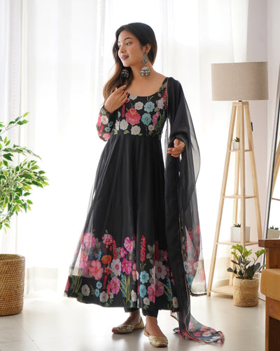 Black Color Georgette With Digital Printed Long Anarkali Suit