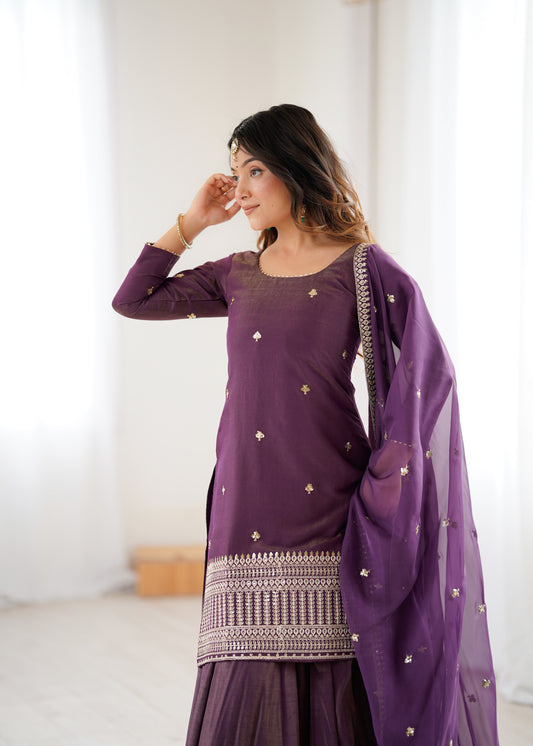 Wine Color Roman Silk With Sequence And Embroidery Work Sharara Suit