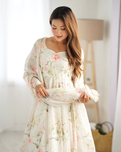 White Soft Organza Silk With Printed Long Anarkali Suit