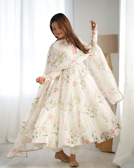 White Soft Organza Silk With Printed Long Anarkali Suit