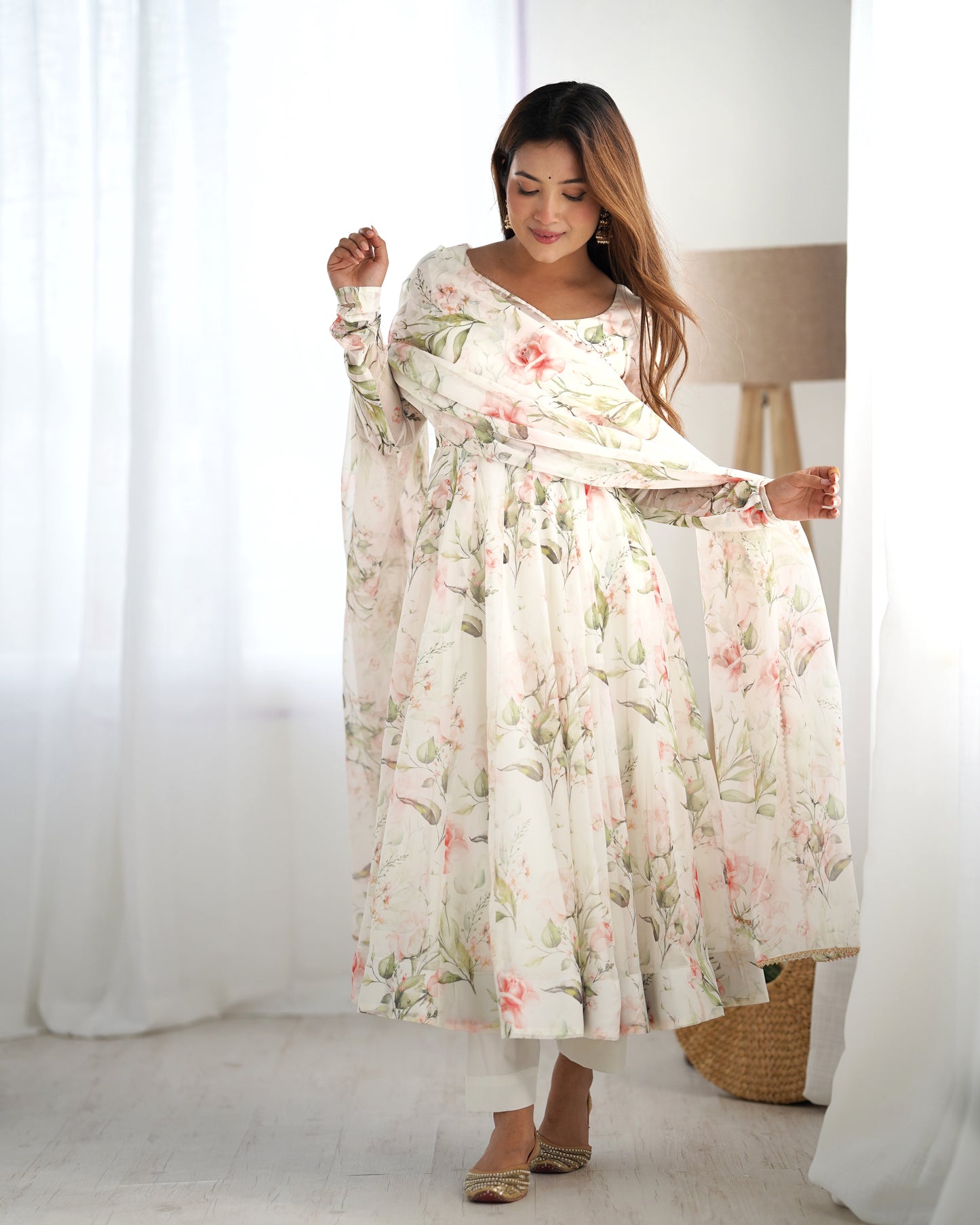 White Soft Organza Silk With Printed Long Anarkali Suit