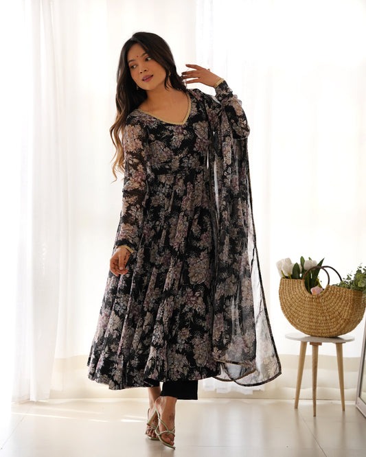 Black Color Floral Printed Black Color Anarkali Suit