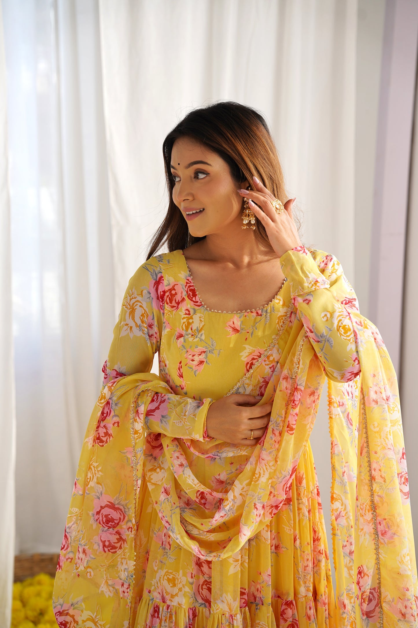 Yellow Color Soft Organza Silk With Printed Anarkali Suit
