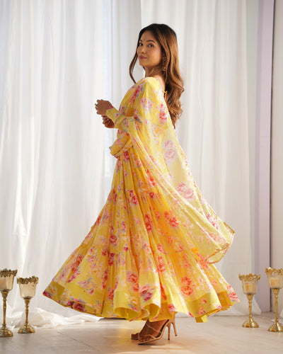 Yellow Color Soft Organza Silk With Printed Anarkali Suit