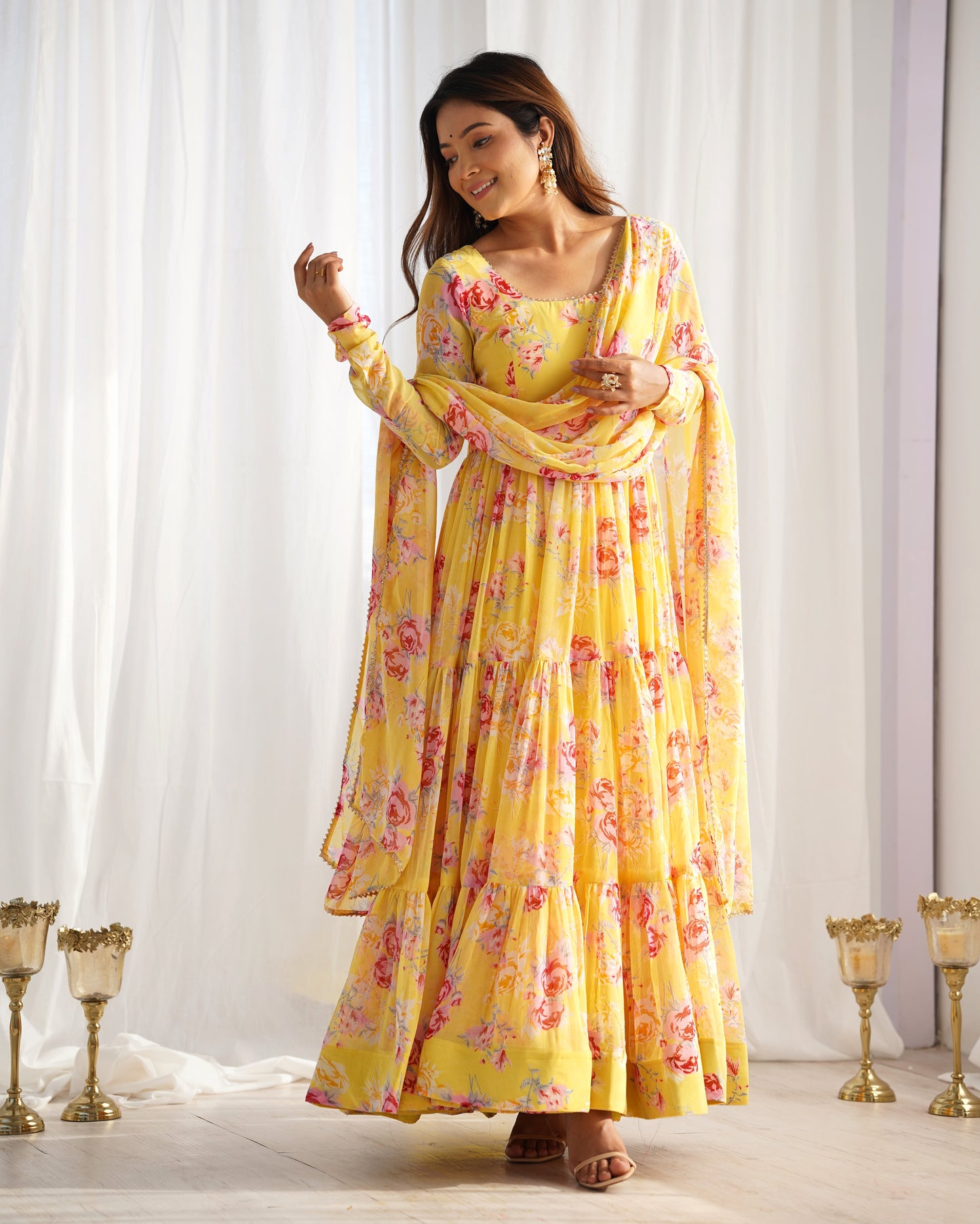 Yellow Color Soft Organza Silk With Printed Anarkali Suit