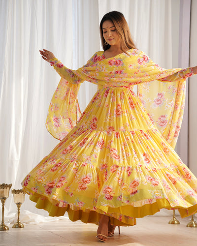 Yellow Color Soft Organza Silk With Printed Anarkali Suit