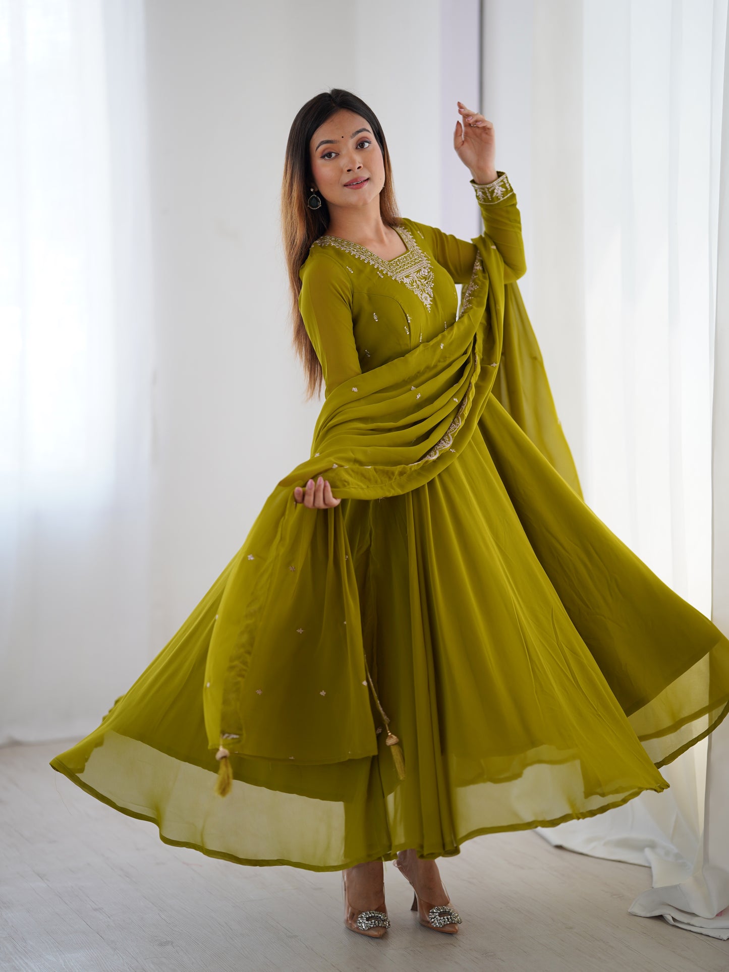 Parrot Green Color Faux Georgette With Embroidery Work Anarkali Suit With Dupatta