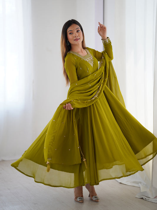 Parrot Green Color Faux Georgette With Embroidery Work Anarkali Suit With Dupatta