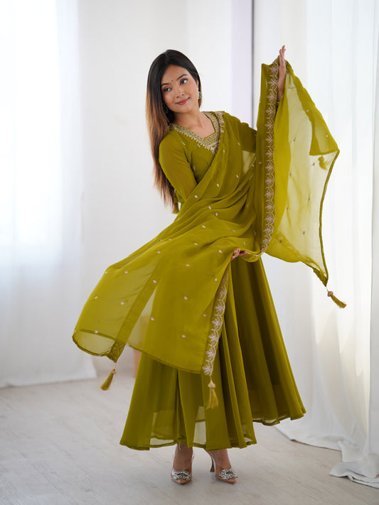 Parrot Green Color Faux Georgette With Embroidery Work Anarkali Suit With Dupatta