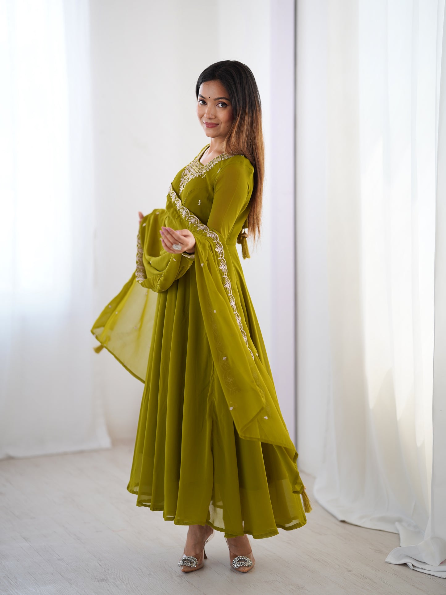 Parrot Green Color Faux Georgette With Embroidery Work Anarkali Suit With Dupatta