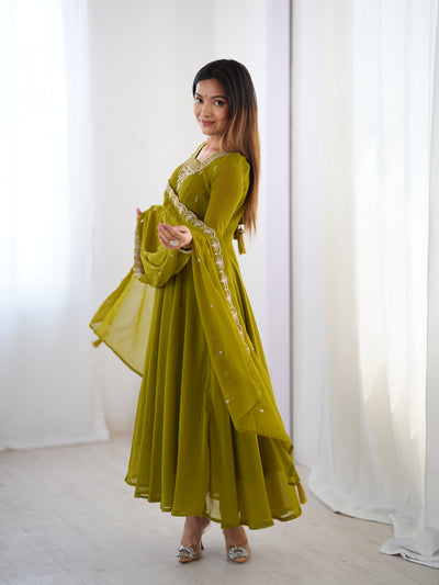Parrot Green Color Faux Georgette With Embroidery Work Anarkali Suit With Dupatta