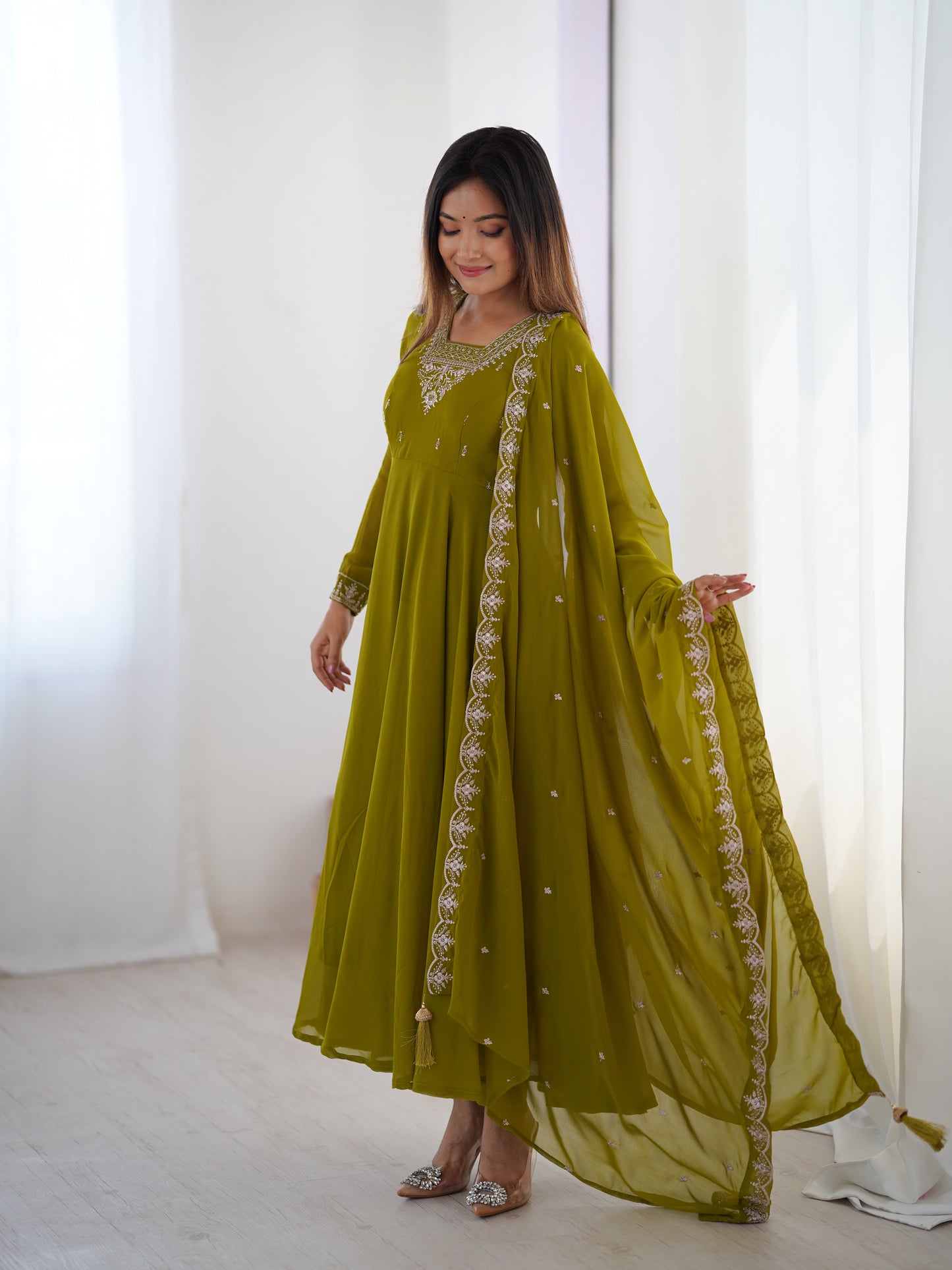 Parrot Green Color Faux Georgette With Embroidery Work Anarkali Suit With Dupatta