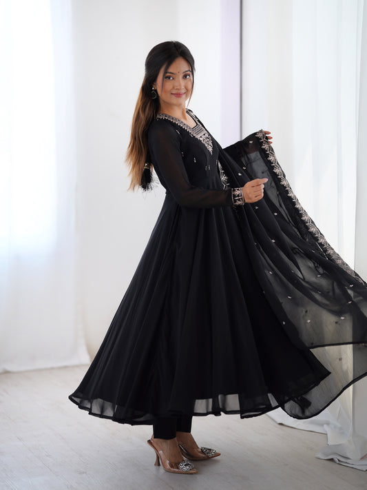Festive Wear Black Color Georgette With Embroidery Work Anarkali Suit