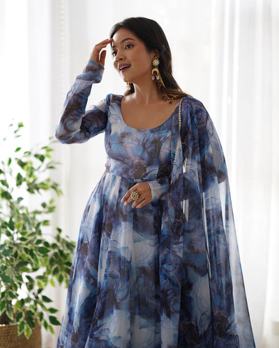 Blue Color Soft Organza Silk With Digital Printed Long Anarkali Suit