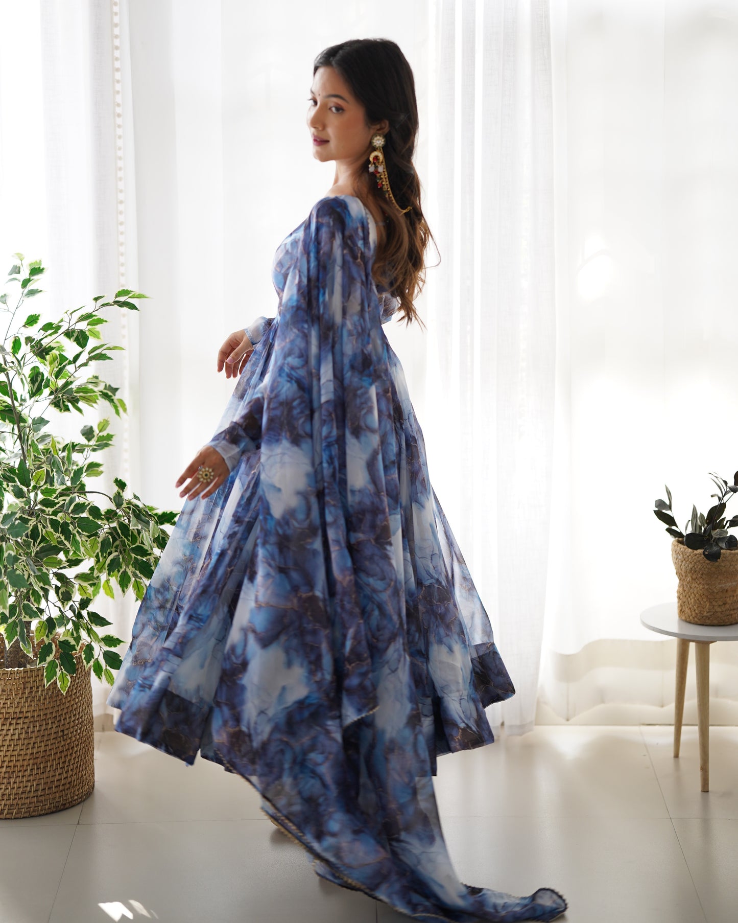 Blue Color Soft Organza Silk With Digital Printed Long Anarkali Suit