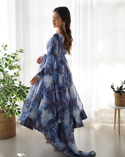 Blue Color Soft Organza Silk With Digital Printed Long Anarkali Suit