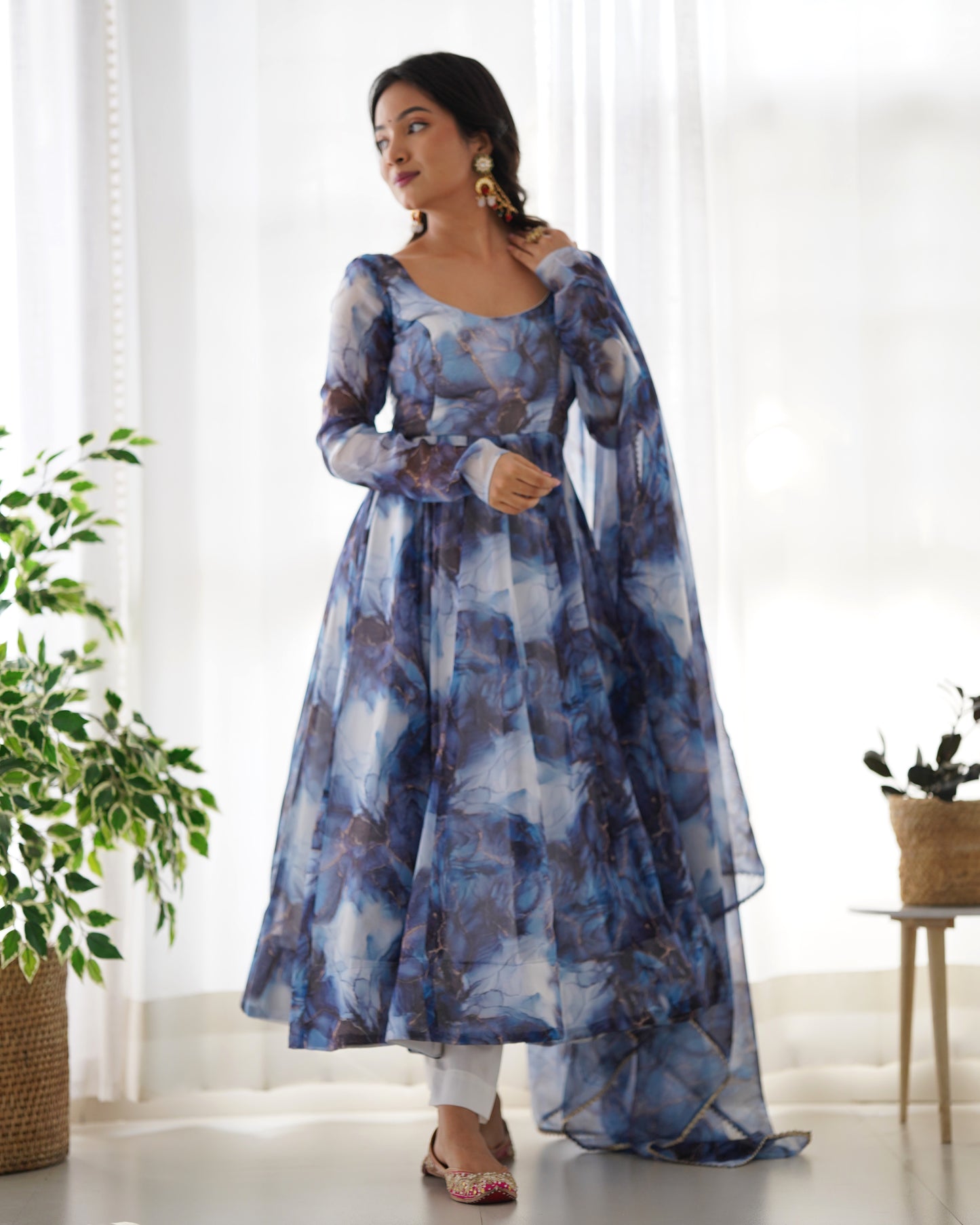 Blue Color Soft Organza Silk With Digital Printed Long Anarkali Suit
