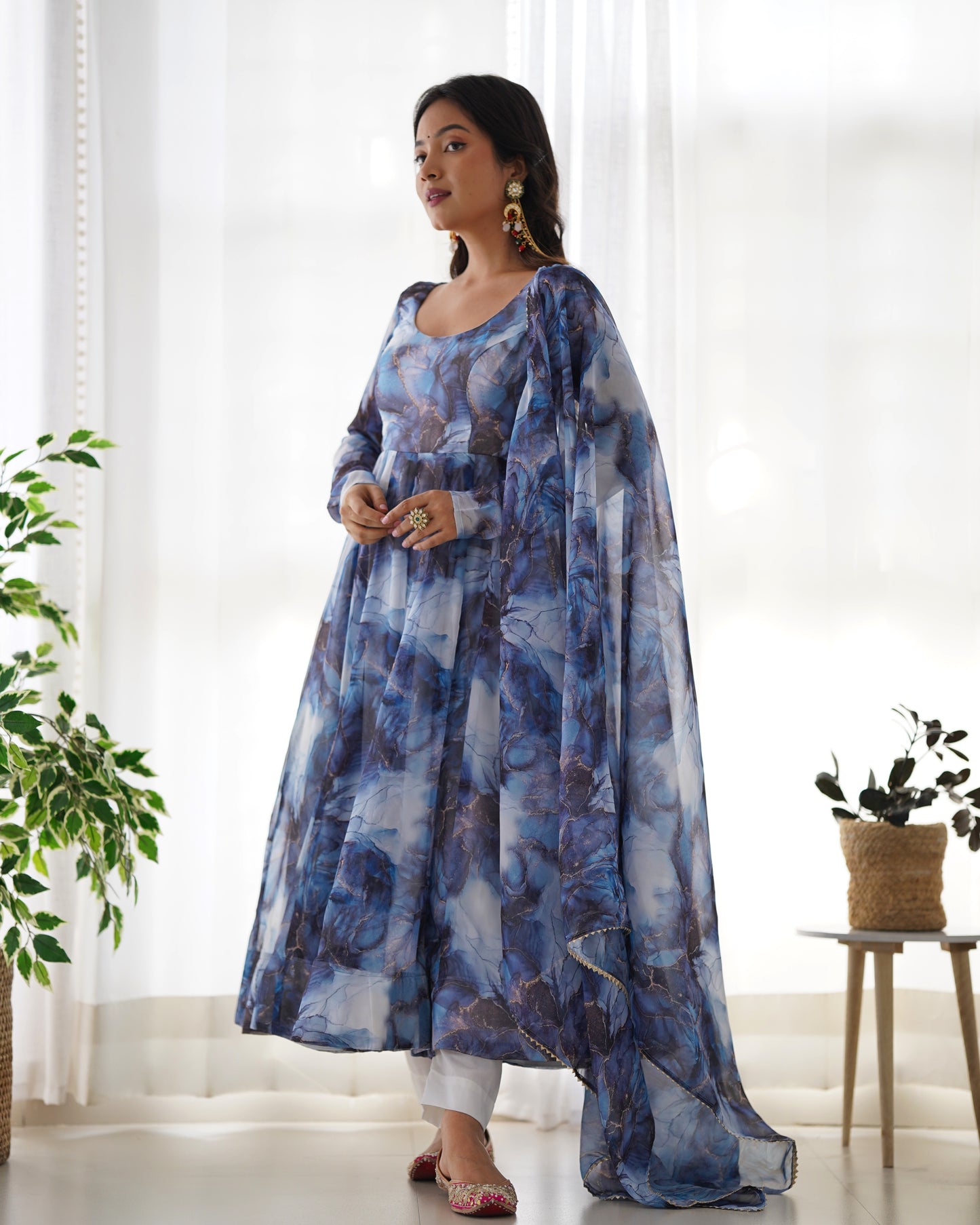 Blue Color Soft Organza Silk With Digital Printed Long Anarkali Suit