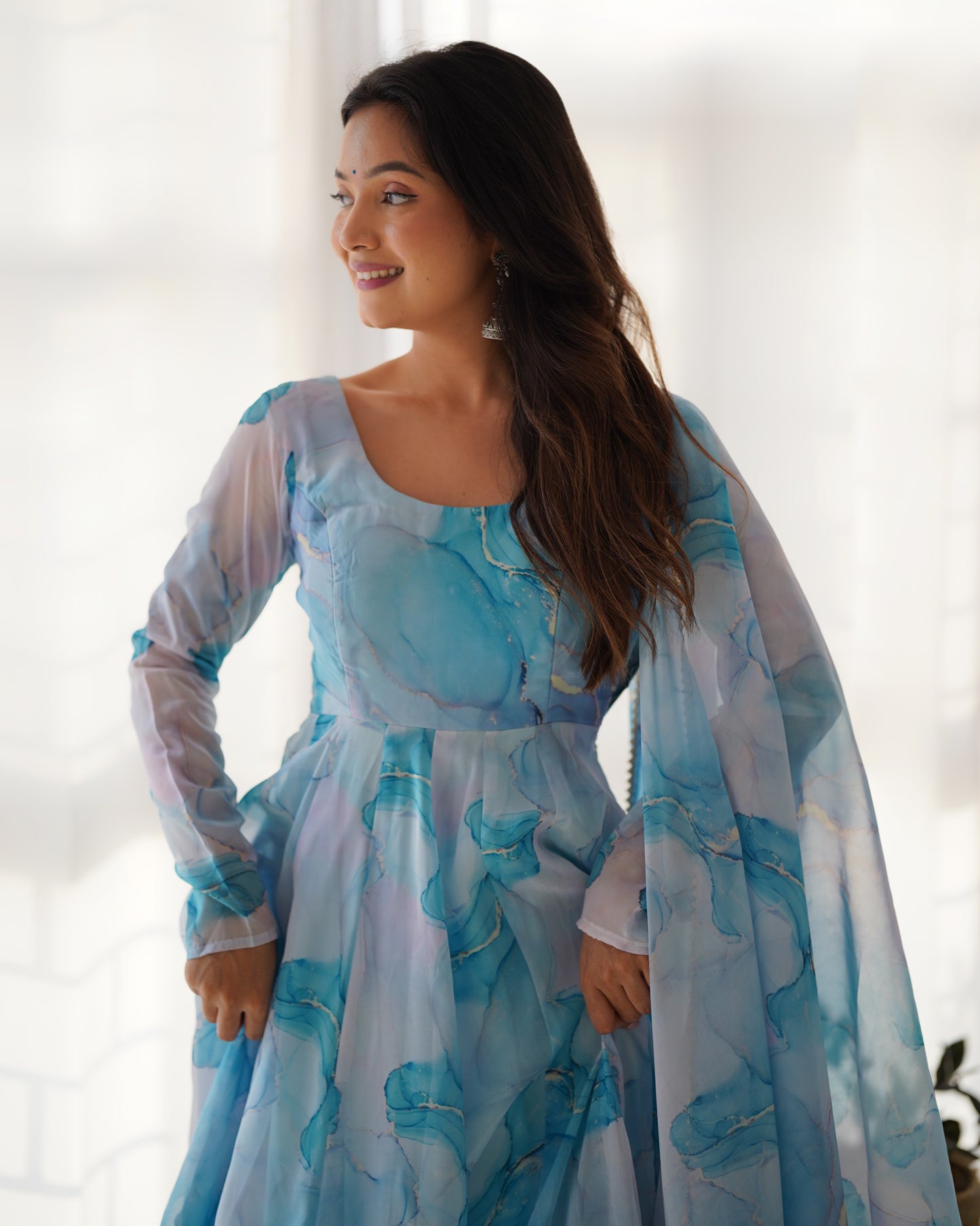 Sky Blue Color Organza Silk With Digital Printed Anarkali Suit