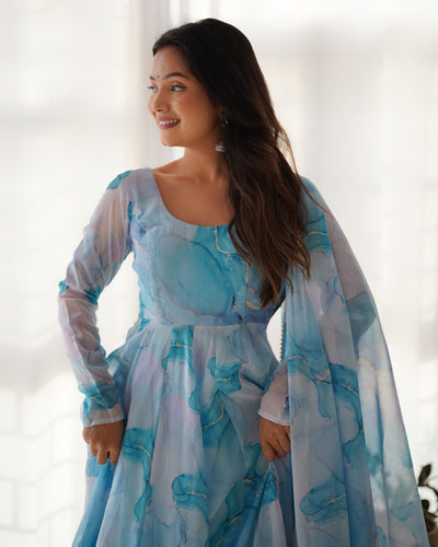 Sky Blue Color Organza Silk With Digital Printed Anarkali Suit