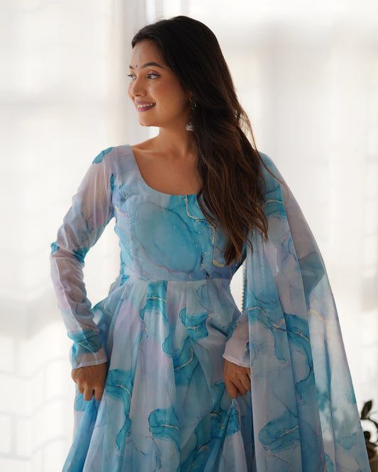 Sky Blue Color Organza Silk With Digital Printed Anarkali Suit