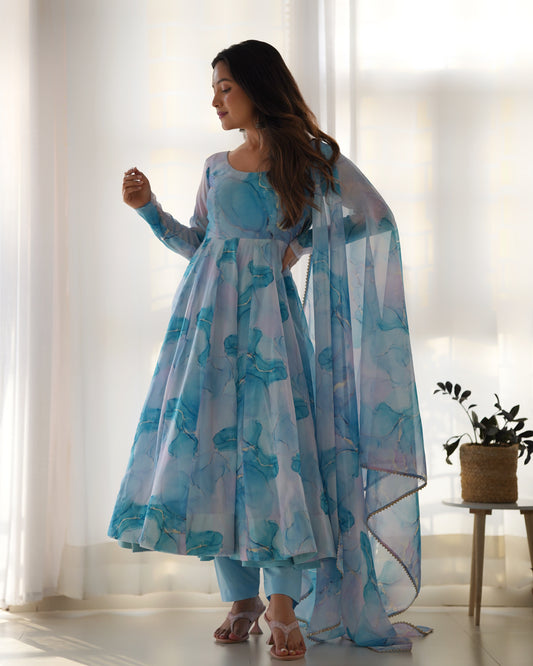 Sky Blue Color Organza Silk With Digital Printed Anarkali Suit