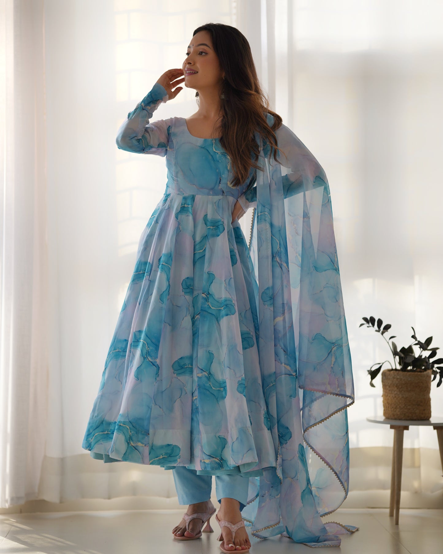 Sky Blue Color Organza Silk With Digital Printed Anarkali Suit