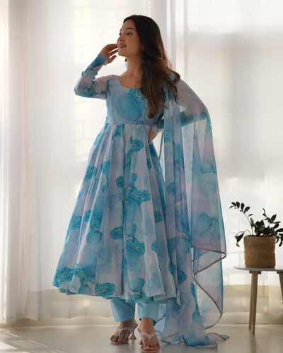 Sky Blue Color Organza Silk With Digital Printed Anarkali Suit