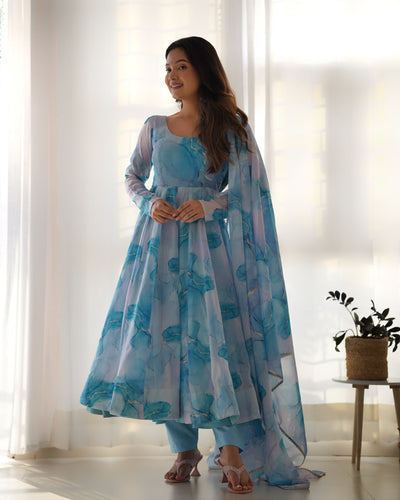 Sky Blue Color Organza Silk With Digital Printed Anarkali Suit
