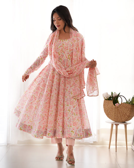 Peach Color Floral Printed Anarkali Suit For Women