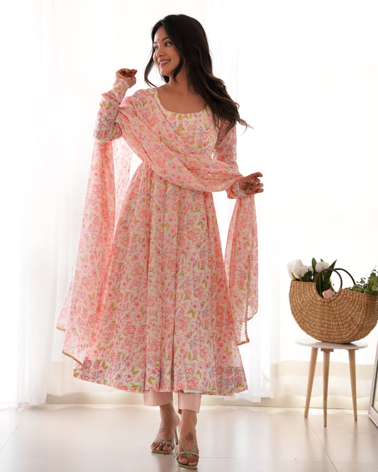 Peach Color Floral Printed Anarkali Suit For Women