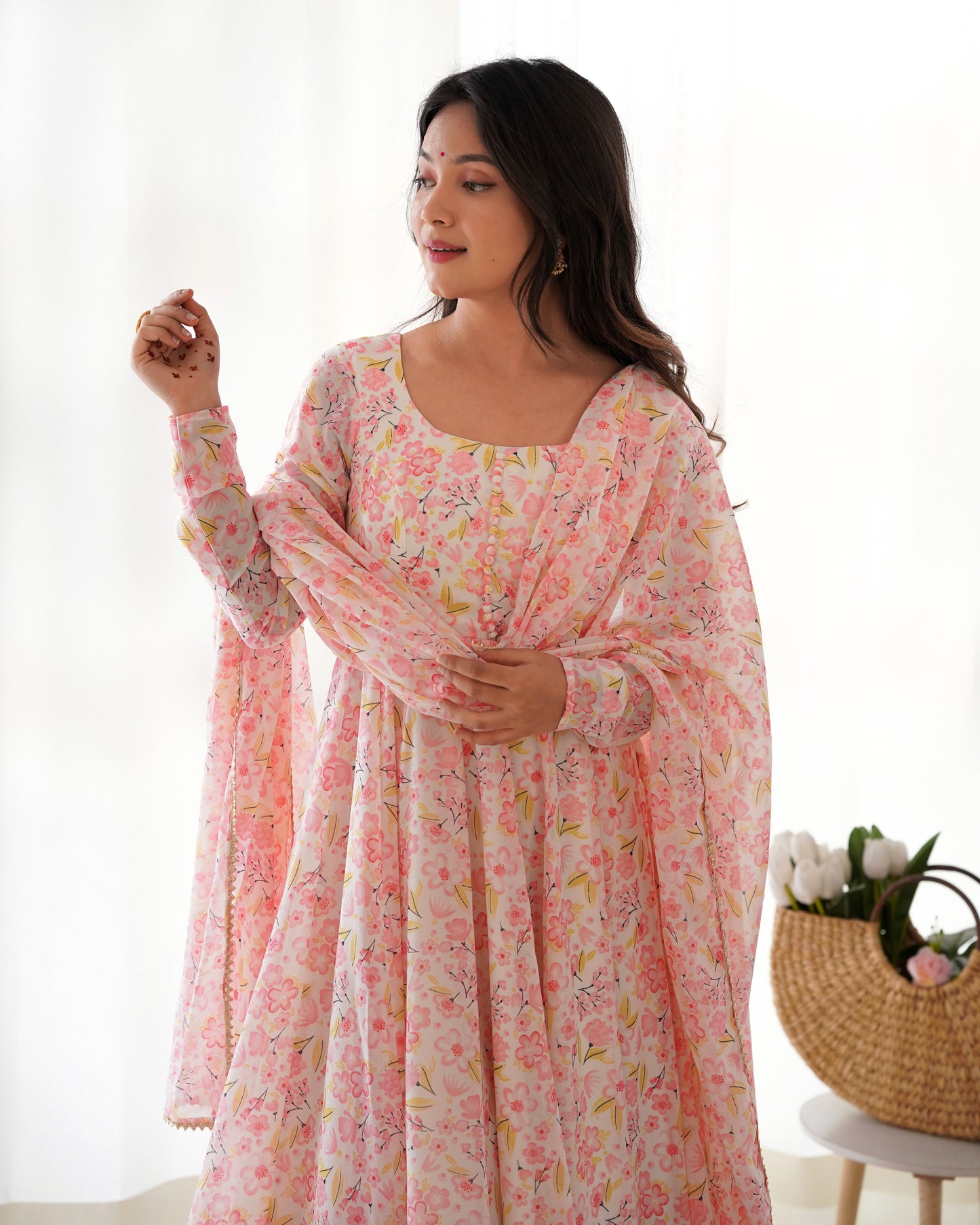 Peach Color Floral Printed Anarkali Suit For Women