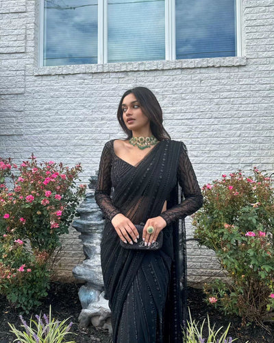 Black Color Georgette With Sequence Work Party Wear Saree
