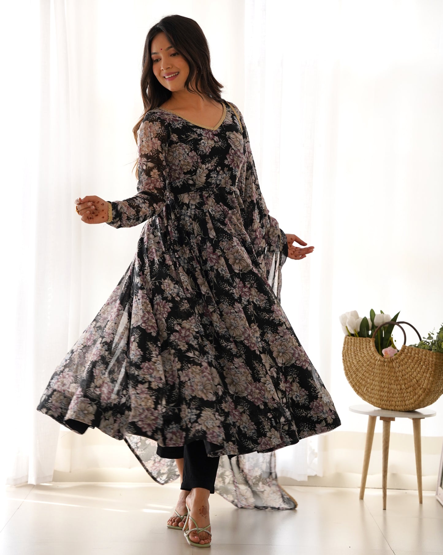 Black Color Floral Printed Black Color Anarkali Suit