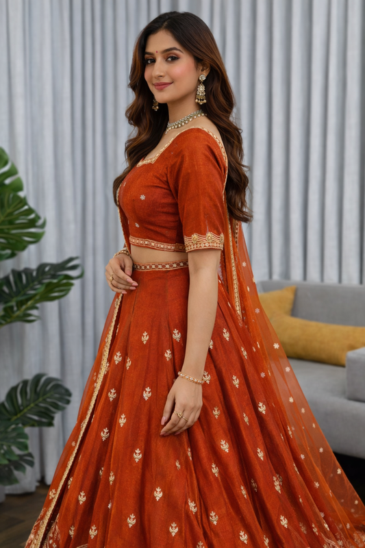 Wedding Wear Dark Orange Color Sequence With Thread Work Lehenga Choli