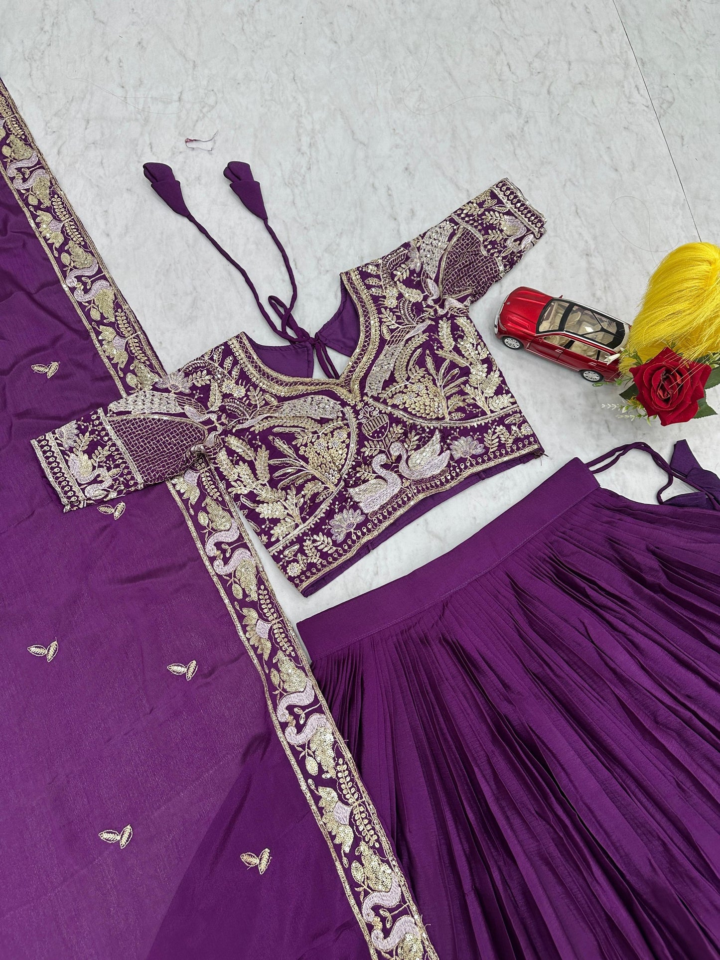 Purple Color Wedding Wear Chinon Silk Lehenga Choli For Women