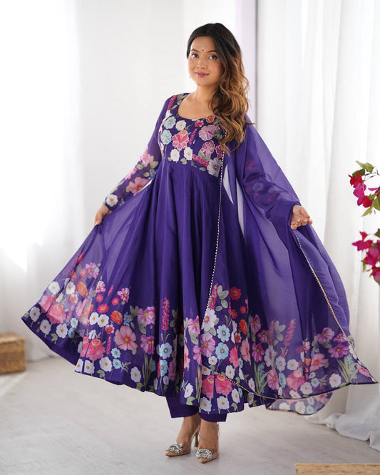 Purple Color Chiffon With Digital Flower Printed Anarkali Suit